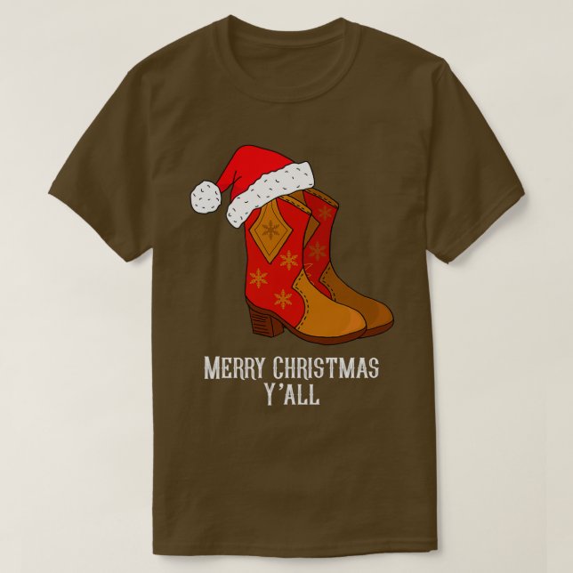 Camiseta Feliz Natal Yall Red Western Cowboy Boots (Frente do Design)