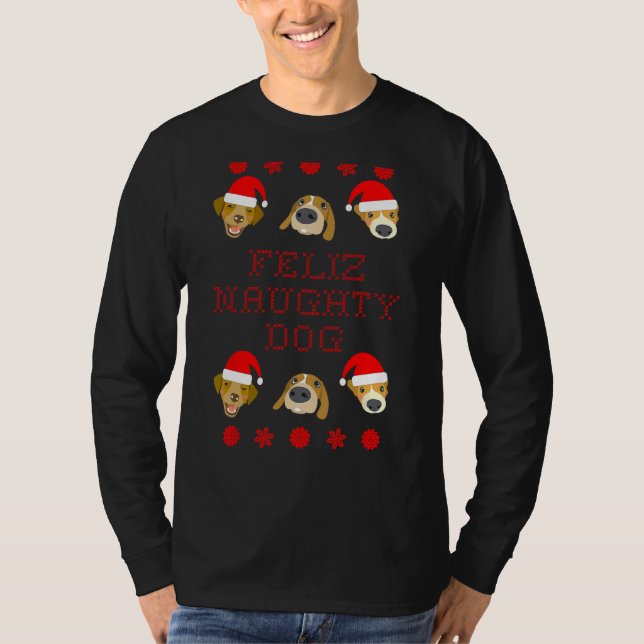Camiseta Feliz Naughty Dog Ugly Christmas Sweater Style (Frente)