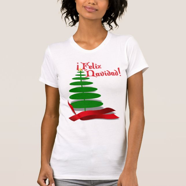 Camiseta Feliz Navidad - Árvore de Natal com Faixa Vermelha (Frente)