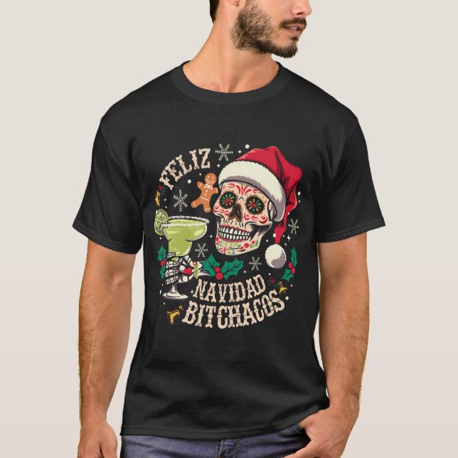 Camiseta Feliz Navidad Bitchachos Funny Skull Feliz Espanho (Frente)