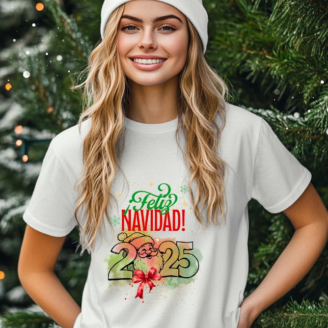Camiseta  Feliz Navidad con Santa Claus y fondo acuarela (Criador carregado)