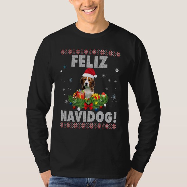 Camiseta Feliz Navidog Beagle Dog Ugly Sweater Feliz (Frente)
