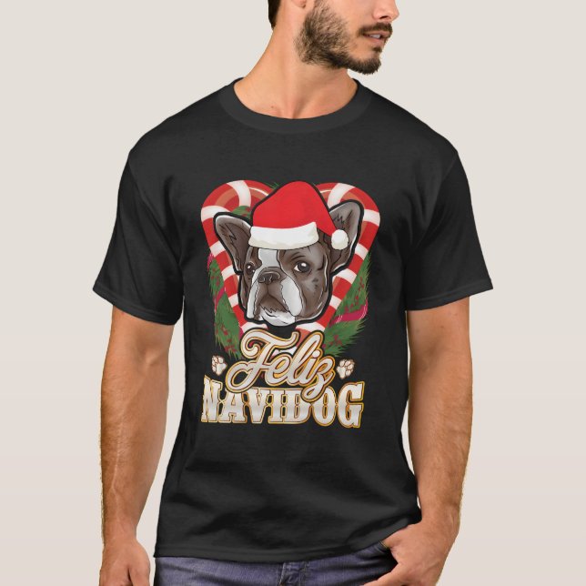 Camiseta Feliz Navidog Buldogue Francês Com O Chapéu Do Pap (Frente)