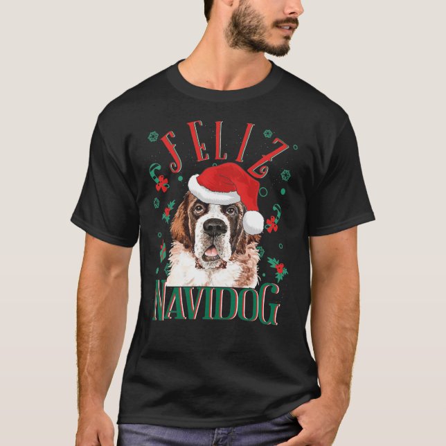 Camiseta Feliz Navidog Cute Santo Bernard Dog Vestindo Chri (Frente)