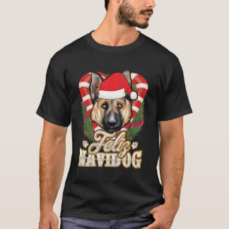 Camiseta Feliz Navidog German shepherd Com O Chapéu Do Papa
