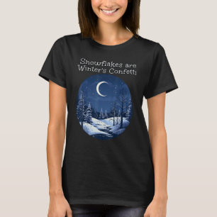 Camiseta Feliz Noite de Inverno com Lua e Flocos de Neve Co
