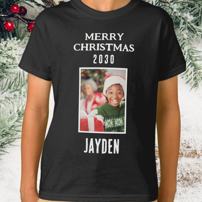 Camiseta Feliz Nome De Natal E Foto Para Meninos Pretos (Merry Christmas - Boys Photo Black T.Shirt)
