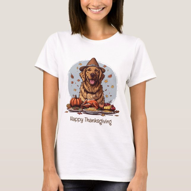 Camiseta Feliz Ouro de Ação de Graças - Cachorro do Retriev (Frente)