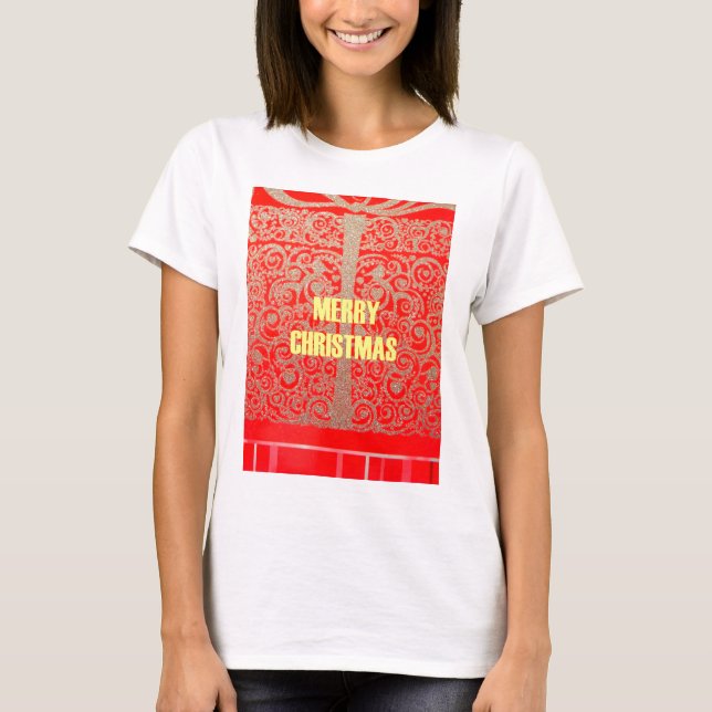 Camiseta Feliz Ouro de Natal Red Snow Glitter Hearts Art (Frente)