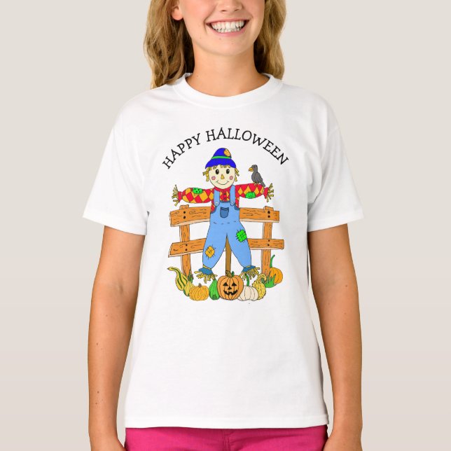 Camiseta Feliz Outono Halloween Scarecrow e Pumpkins (Frente)