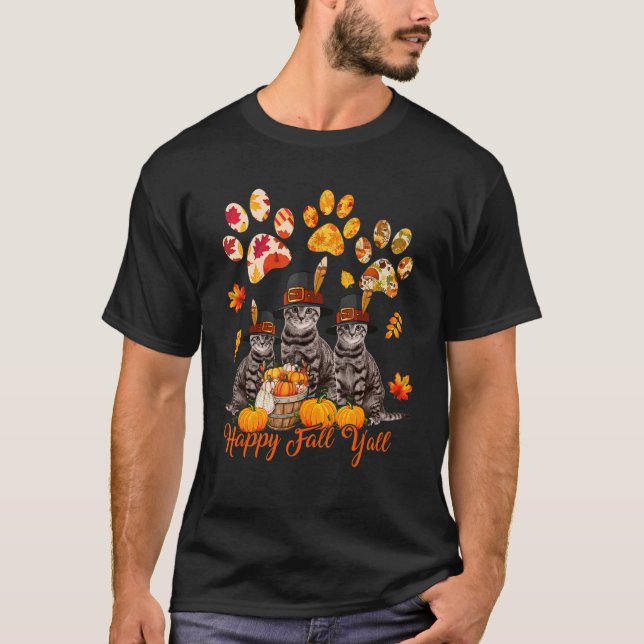 Camiseta Feliz Outono Vês Ação de Graças Três Gatos Cai Ca (Frente)