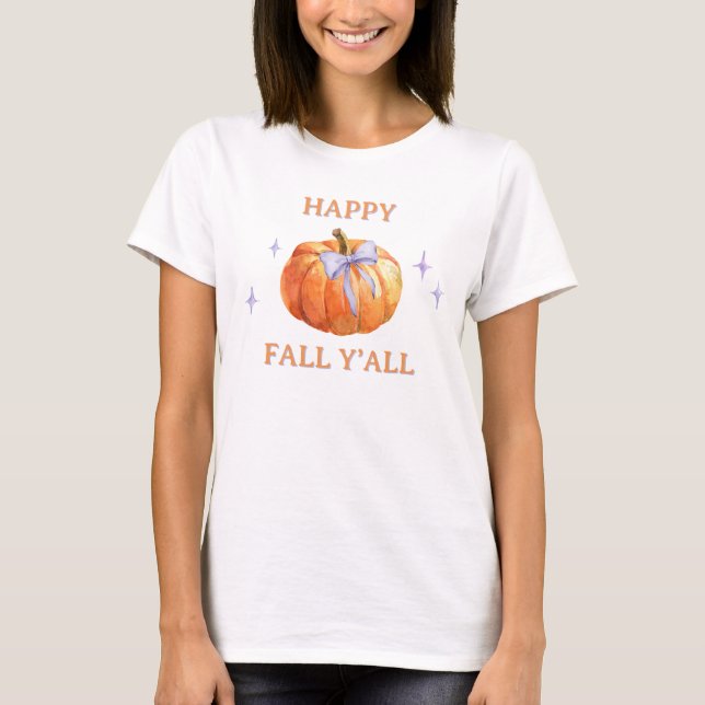 Camiseta Feliz outono Y'all Pumpkin Arco Cute feminino (Frente)
