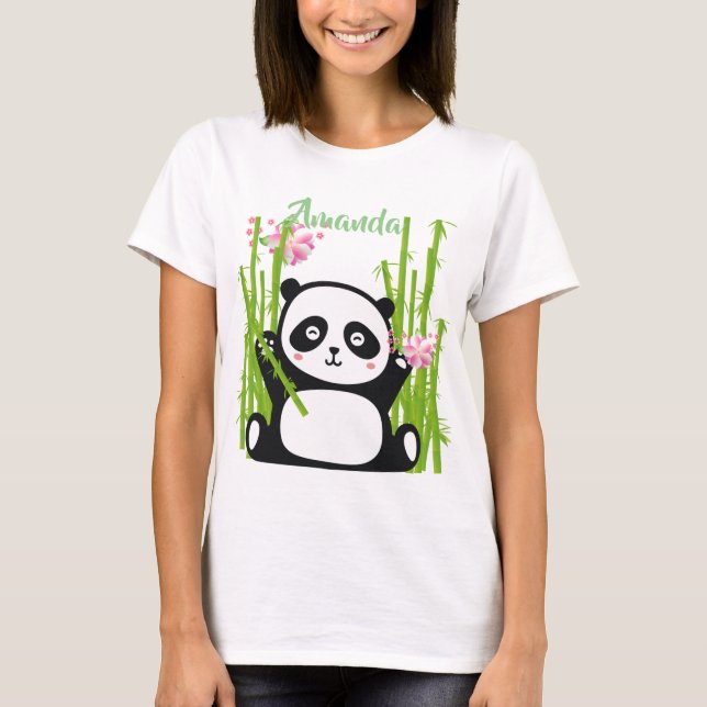 Camiseta Feliz Panda com Bamboo e Flor de Cereja  (Frente)