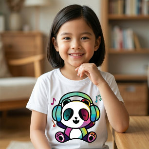 Camiseta Feliz Panda com fones de ouvido ouvindo música.