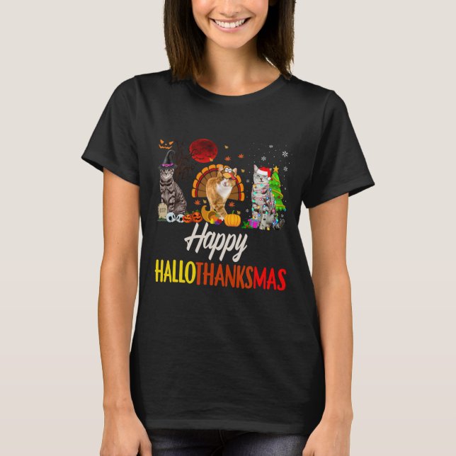 Camiseta Feliz Papais noeis de Hallothanksmas Cat (Frente)