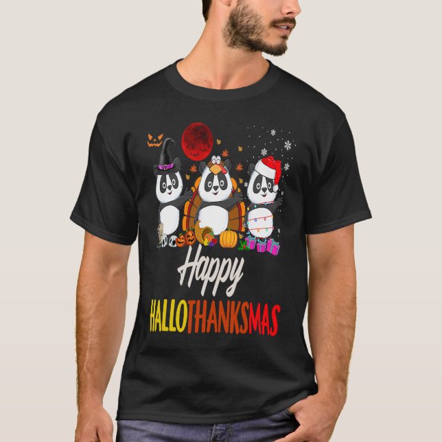 Camiseta Feliz Papais noeis de Natal Panda Halloween Obriga (Frente)