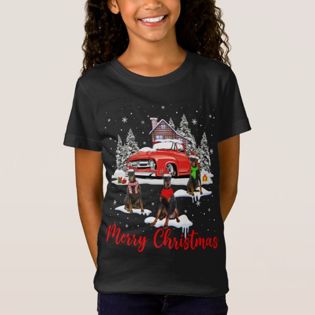 Camiseta Feliz Papais noeis de Natal Reindeer Dobermann Com (Frente)