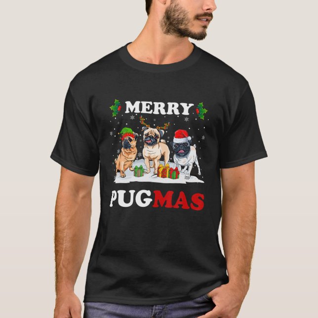 Camiseta Feliz Papais noeis Pugmas Elf Reindeer Pug Cães Ár (Frente)