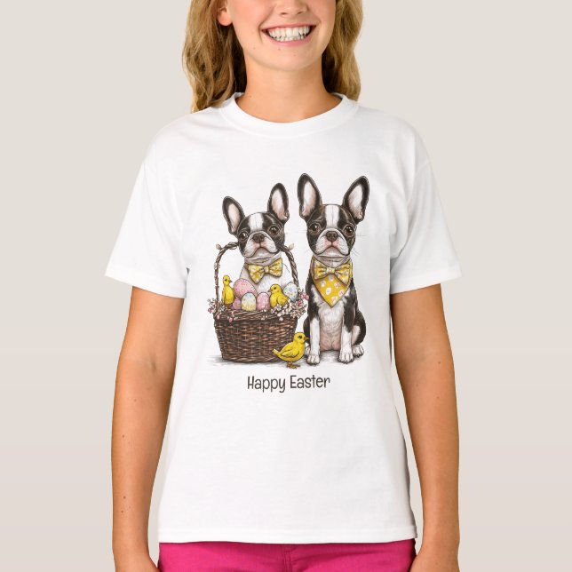 Camiseta Feliz Páscoa Cães Boston Terrier (Frente)