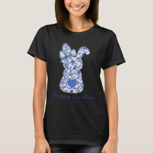 Camiseta Feliz Páscoa Chinoiserie Floral Coelho Fofo Azul B