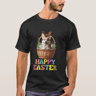 Camiseta Feliz Páscoa Corgi Fofa Desenho de Cesta Divertido