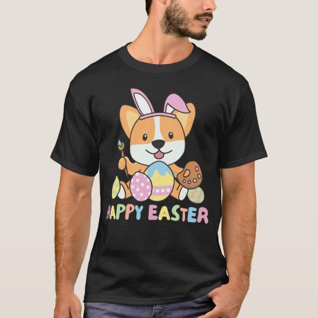 Camiseta Feliz Páscoa Doce Corgi Para Páscoa Com Ovos De Pá (Frente)