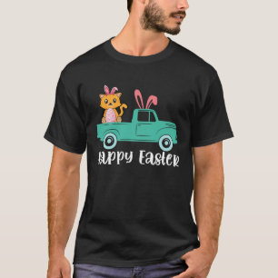 Camiseta Feliz Páscoa Gato Coelho Dirigindo Caminhão Menino