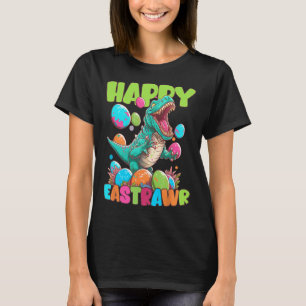 Camiseta Feliz Páscoa Menino Criança T-rex Dinossauro de Pá