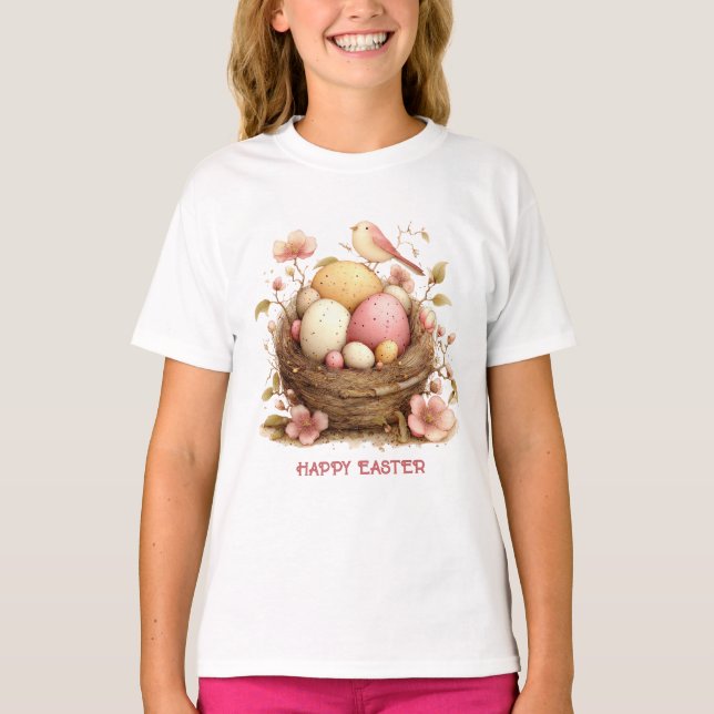 Camiseta Feliz Páscoa Ovos Ninho de Pássaro (Frente)