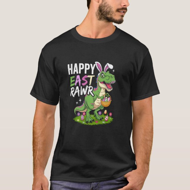 Camiseta Feliz Páscoa Rawr Piada Divertida de Páscoa T-Rex  (Frente)