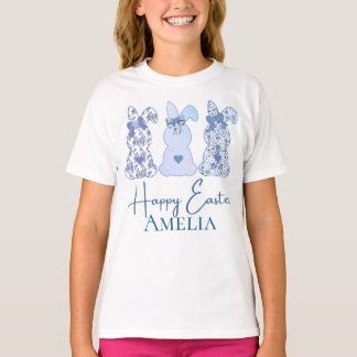 Camiseta Feliz Páscoa Três Coelho Floral Azul Personalizado