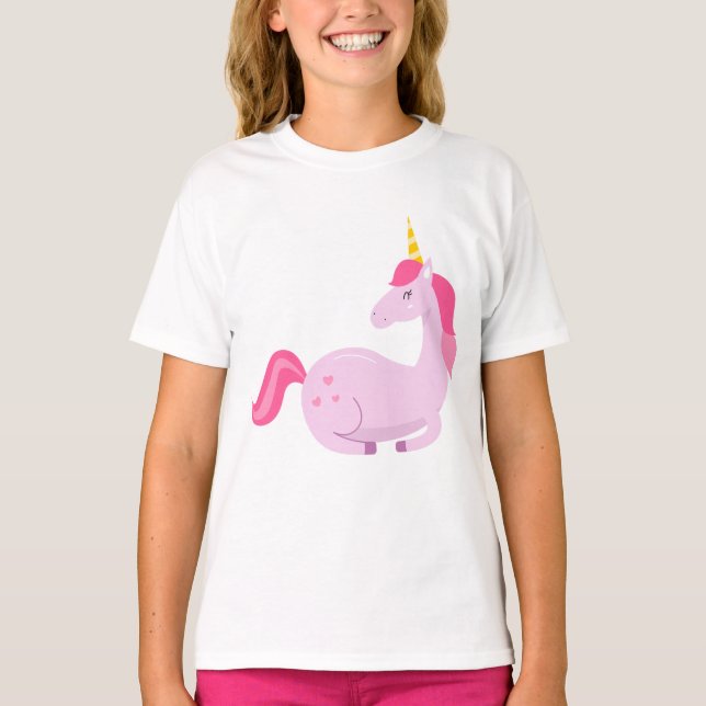 Camiseta Feliz Pastel Púrpura Unicórnio, Corações Rosa e Ca (Frente)