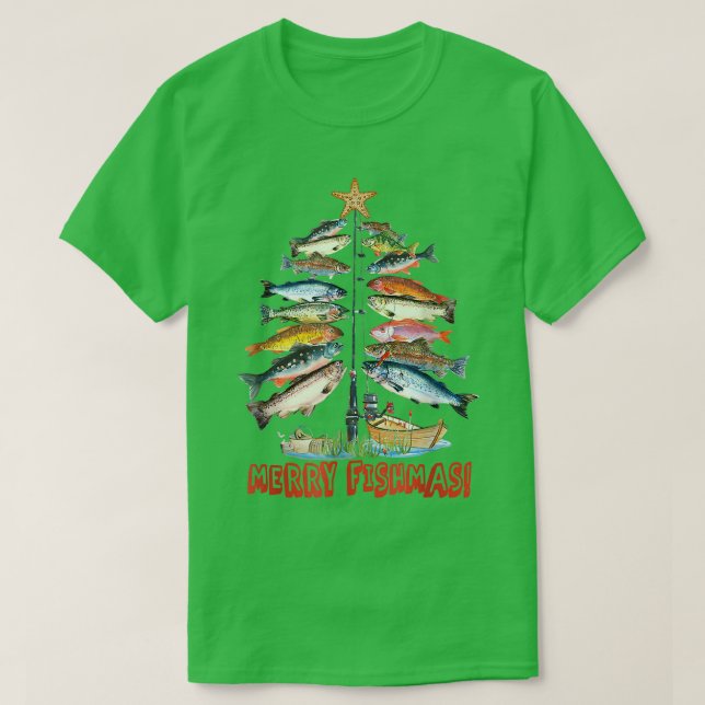 Camiseta Feliz Peixes Árvores de Natal Engraçados Pesca (Frente do Design)