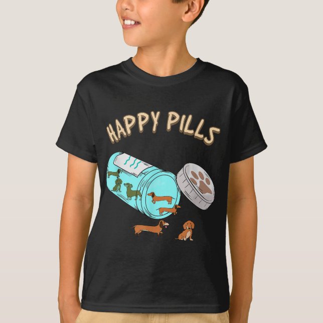 Camiseta Feliz Pílulas Dachshund, Presente para Sobrecarga  (Frente)