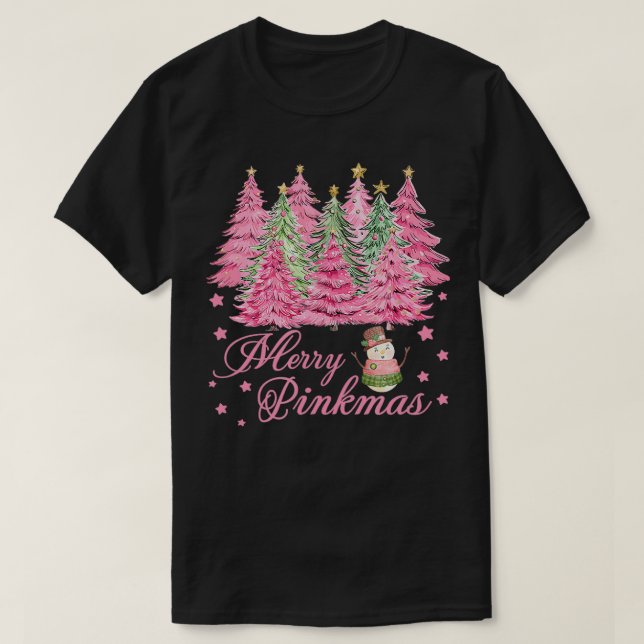 Camiseta Feliz Pinkmas Rosa Árvores de Natal Engraçado Feli (Frente do Design)