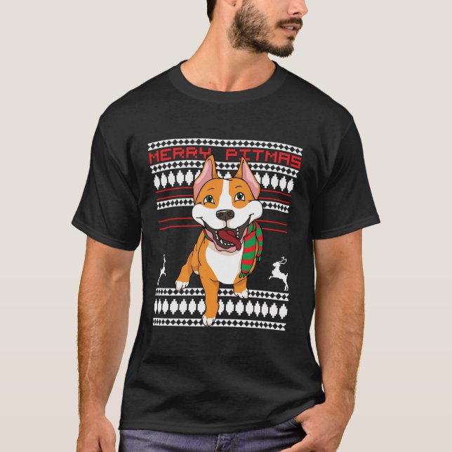Camiseta Feliz Pitmas Pitbull Papai Noel Cão Feio Natal (Frente)