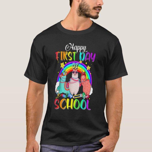 Camiseta Feliz Primeiro Dia Da Escola Cute Llamas Rainbow B (Frente)