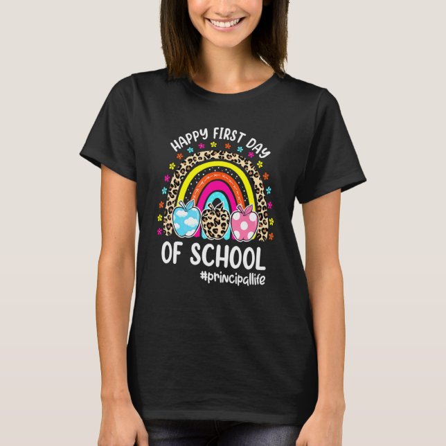 Camiseta Feliz Primeiro Dia De Aula Arco-Íris Maçã Diretor  (Frente)