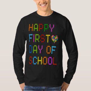 Camiseta Feliz Primeiro Dia De Aula Bloco Fofo Construindo