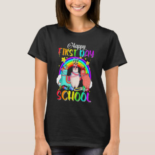 Camiseta Feliz Primeiro Dia De Aula Lindos Lhamas Arco-íris