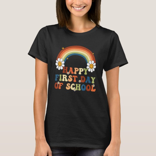 Camiseta Feliz Primeiro Dia de Aula Professores Mulheres Cr (Frente)