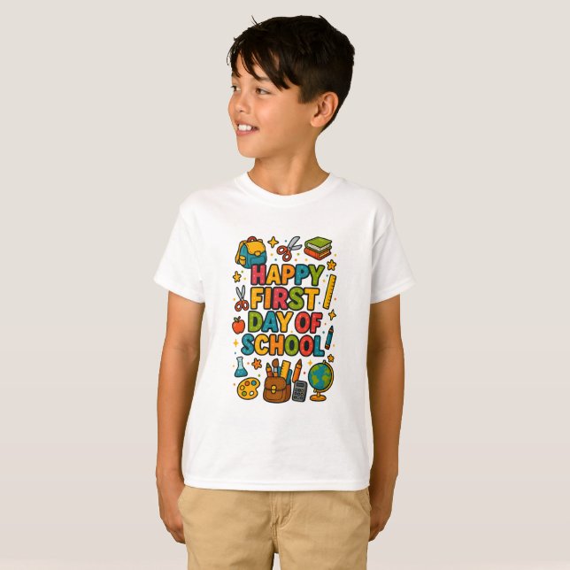 Camiseta Feliz primeiro dia de escola (Frente Completa)