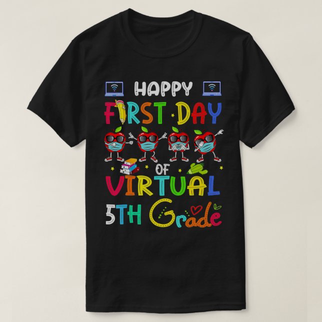 Camiseta feliz primeiro dia de máscara de maçã de 5 virtual (Frente do Design)
