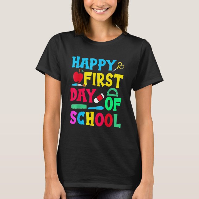 Camiseta Feliz Primeiro Dia De Professora Encantada De Volt (Frente)