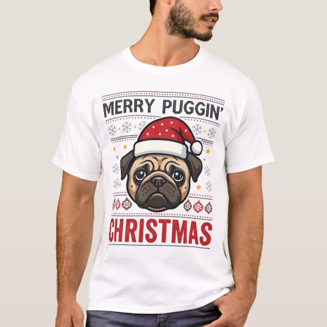 Camiseta Feliz Pug de Natal Design Puggin (Frente)