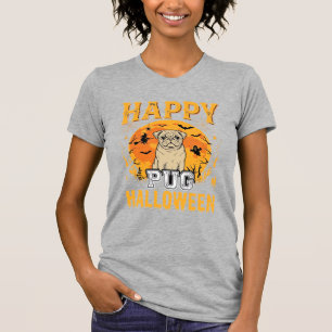 Camiseta Feliz Pug Desenho de Cachorro Assustador de Hallow