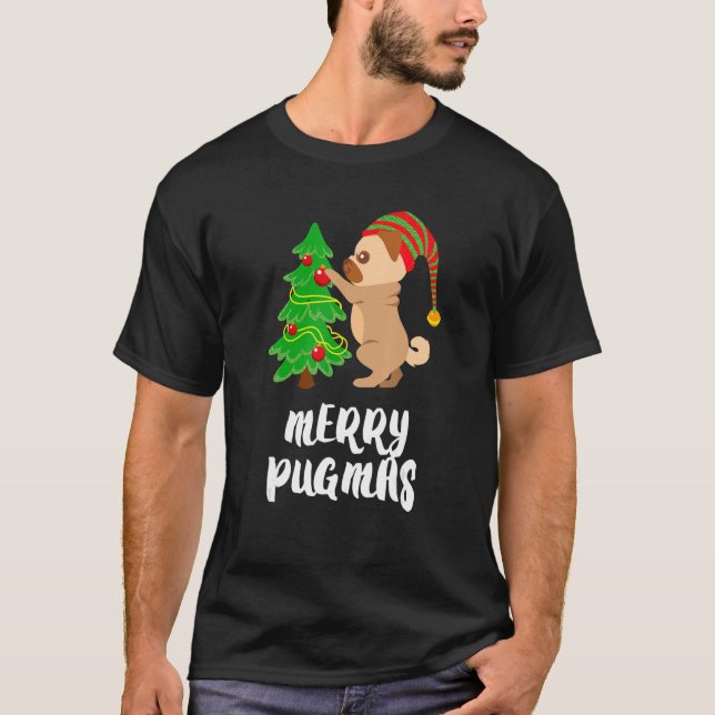 Camiseta Feliz Pugmas Árvore de Natal Cachorro Pet Pug (Frente)
