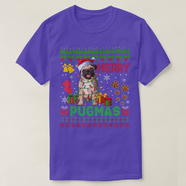 Camiseta Feliz Pugmas Luzes de Natal Papais noeis Pug Dog F (Frente do Design)
