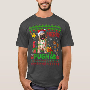 Camiseta Feliz Pugmas Luzes de Natal Papais noeis Pug Dog F