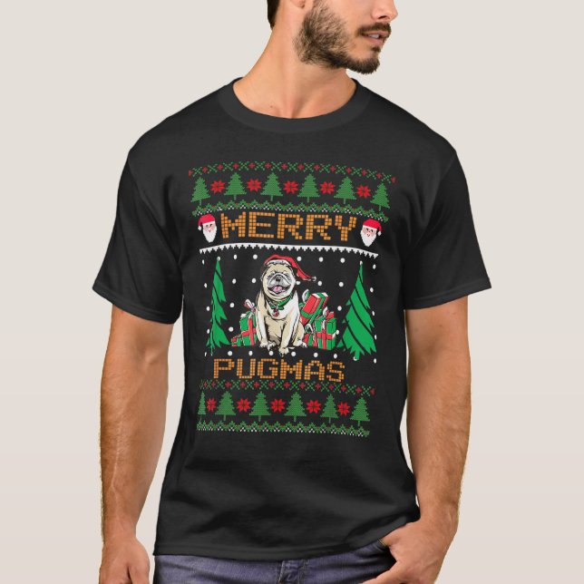 Camiseta Feliz Pugmas Natal Feio Suor Pug Family Pa (Frente)